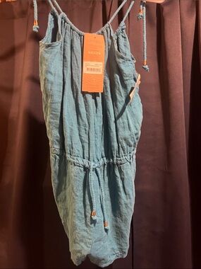 Teal Linen-Blend Drawstring Romper - Aquavita